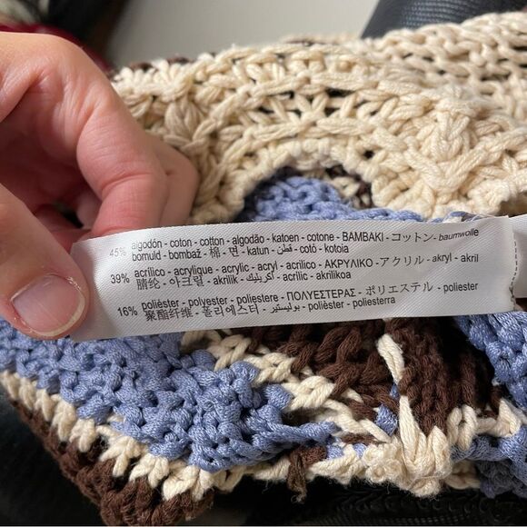 Zara Crochet Sweater Stripe Knit Short Sleeve Hooded V Neck Top Tan Blue Small - Picture 8 of 10